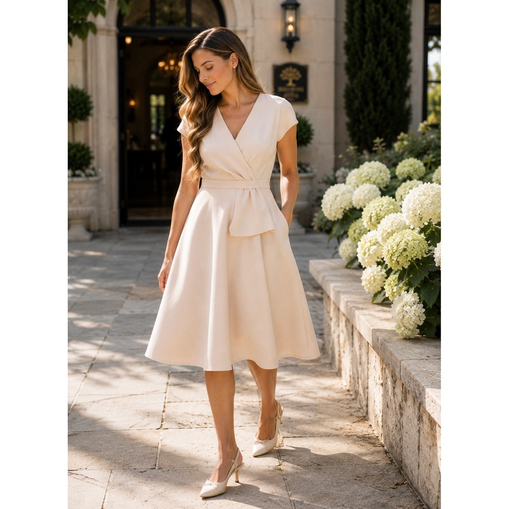 Gal Meets Glam Lydia Double Face Twist Dress Cream Champagne Pockets Sz 10